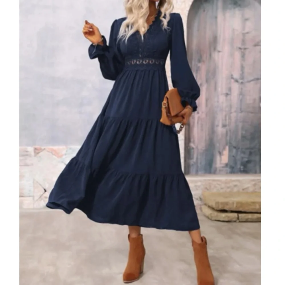 Luxe navy blue lace insert flounce sleeve maxi dress LAST PACK